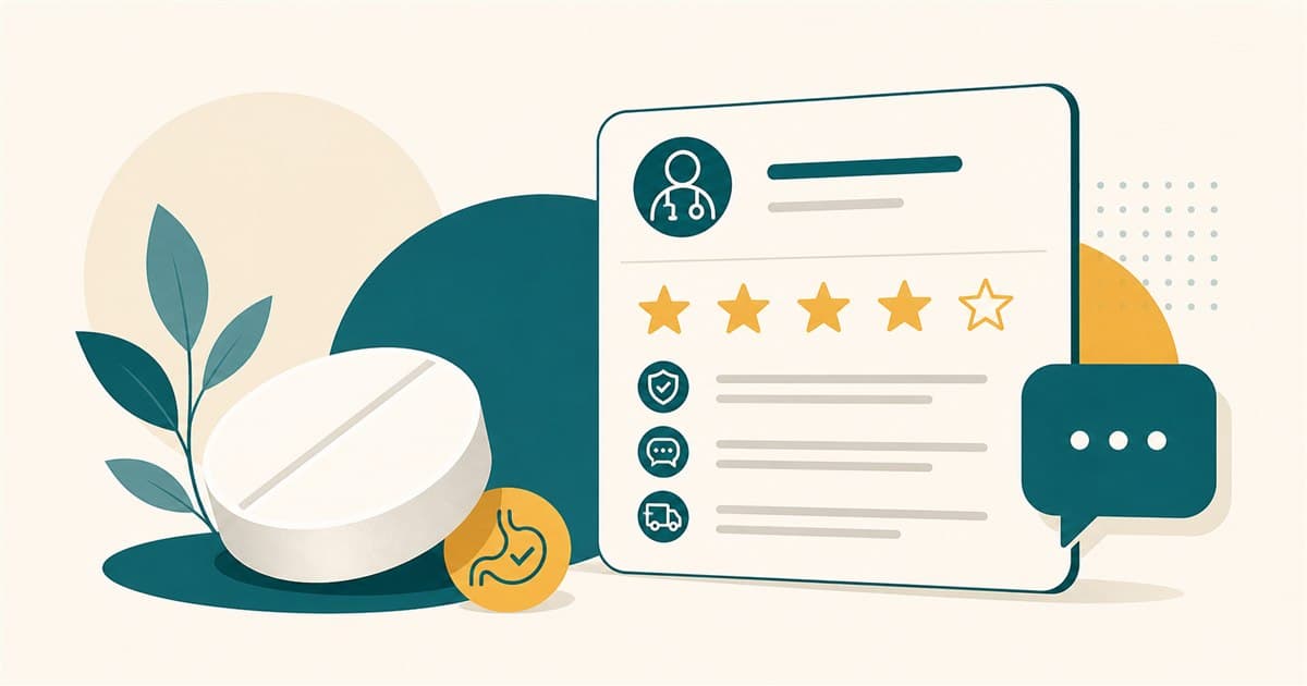Minimal oral GLP-1 telehealth review illustration with a tablet and provider card