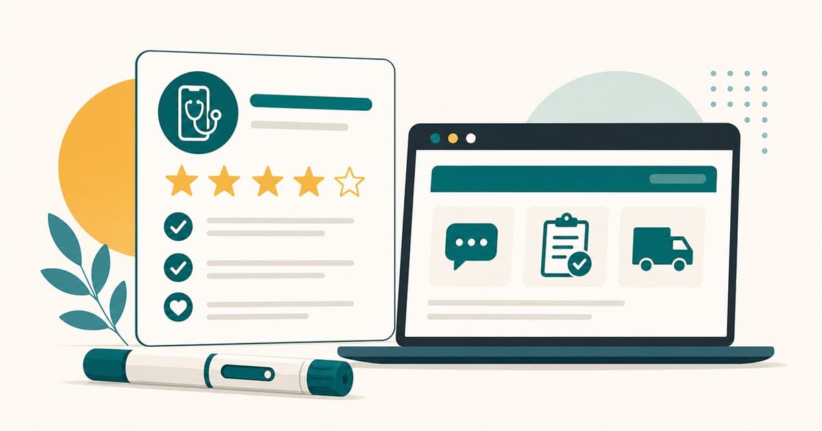 Minimal telehealth provider review illustration with a browser window and rating card
