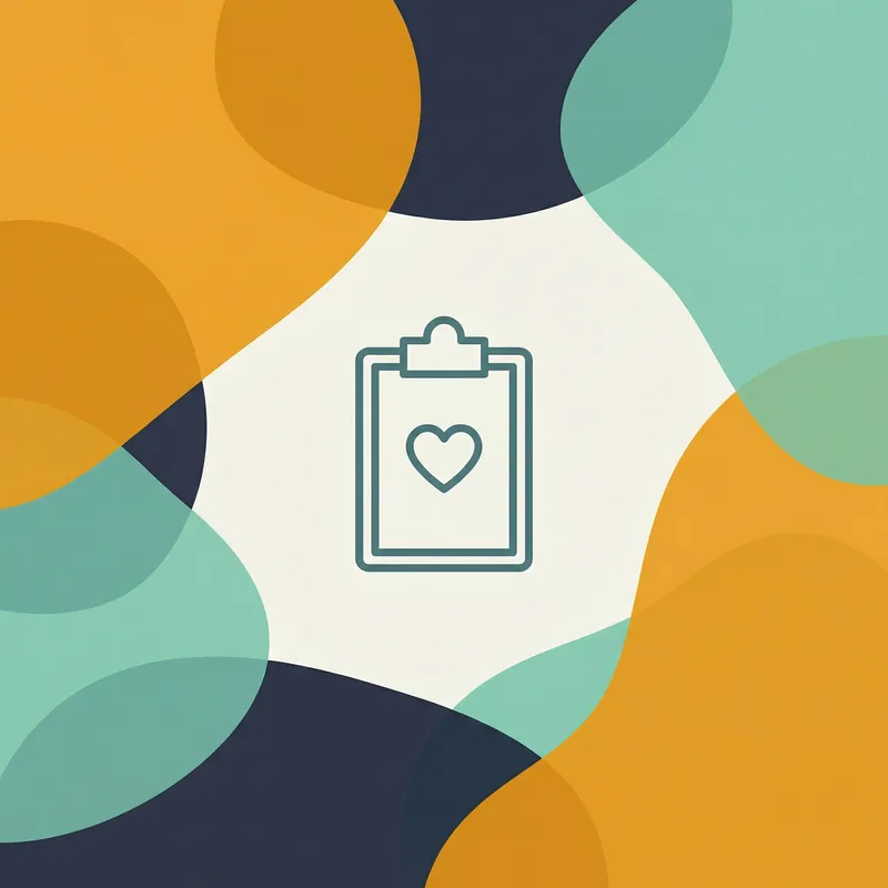 Editorial cartoon: clipboard with heart icon on warm shapes