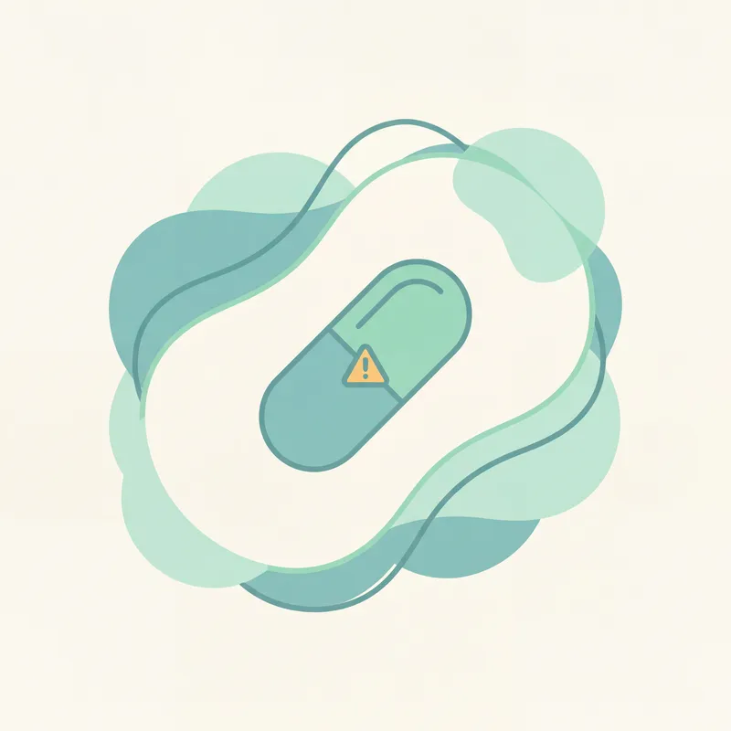 Editorial cartoon: pill with warning icon on teal shapes